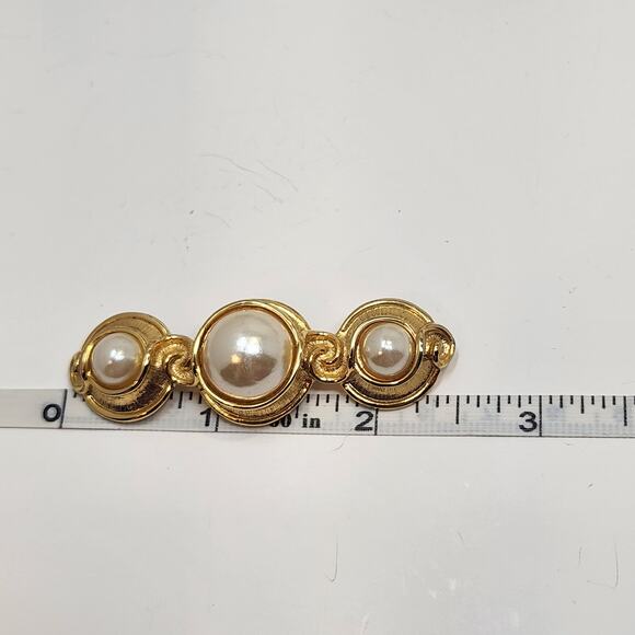 Cream Faux Pearl Cabochon Circle Bar Brooch Gold Tone Vintage Costume Jewelry - Picture 3 of 3